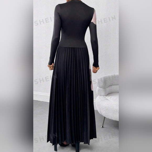 SHEIN Black Floral Set Maxi Skirt and matching blouse Size Small - Picture 2 of 11